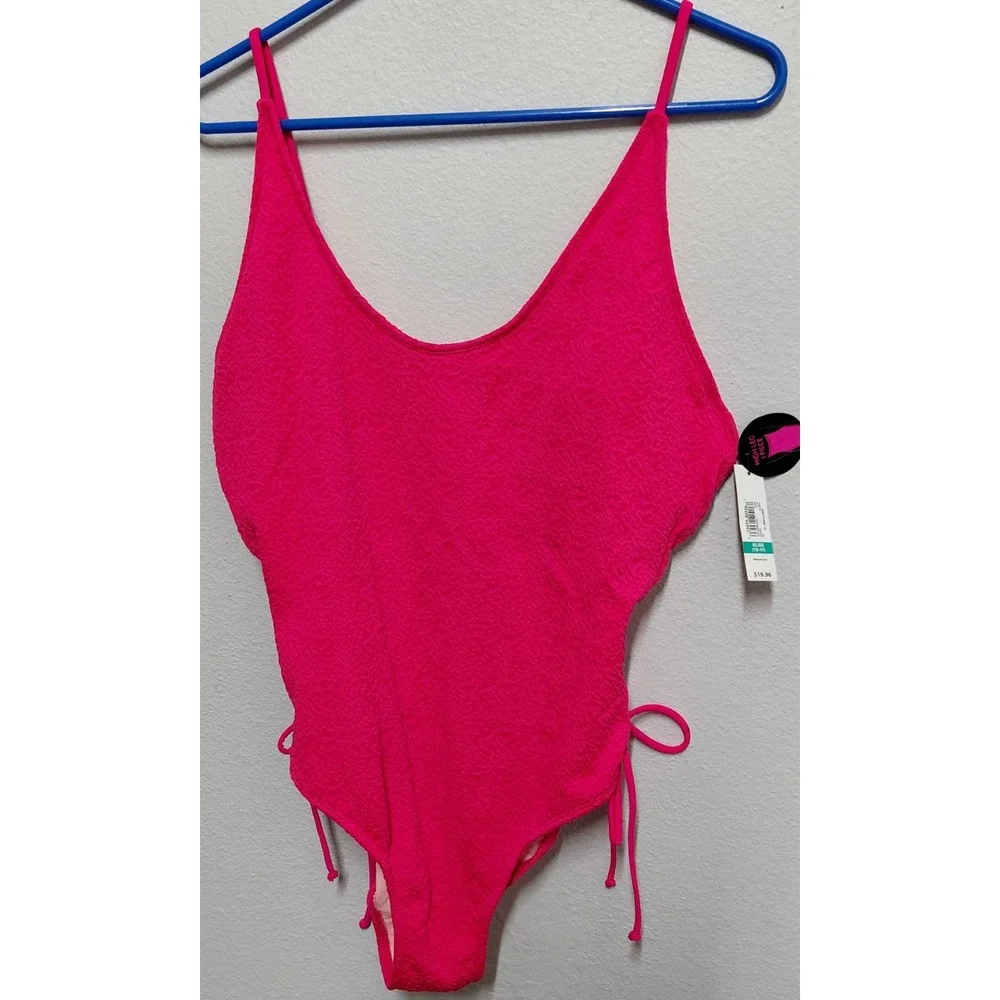 No Boundaries Women's XL 15-17 Pink High Leg One Piece Swimsuit Lace Up NWT